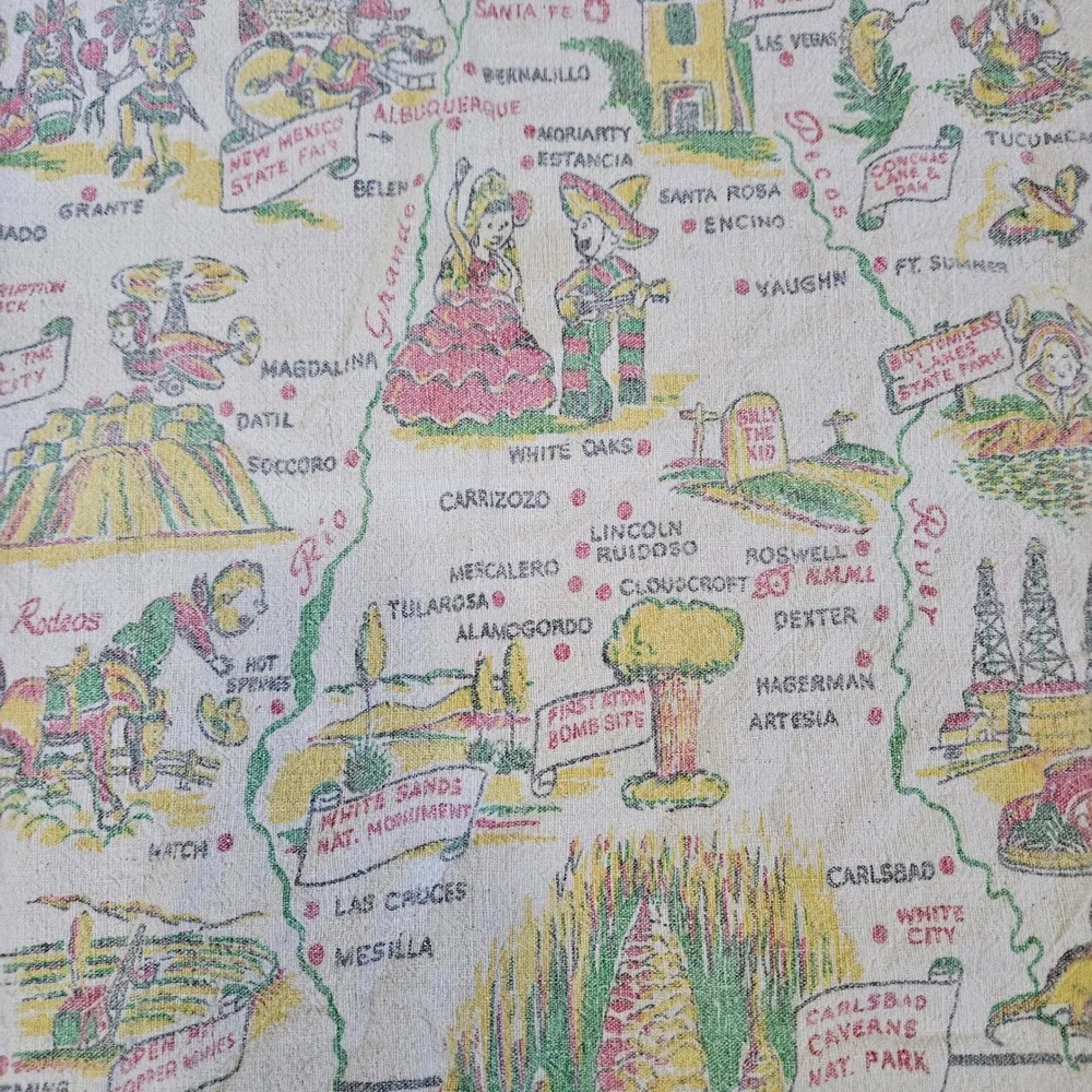 Vintage 40s Large Linen Kitchen Tea Towel New Mexico Souvenir Tourist Map 37x30
